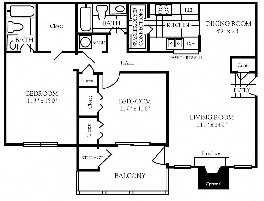 Floor plan for 2 beds, 2 baths, 1042 sqft